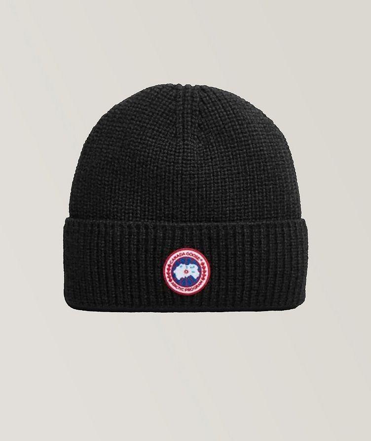 Tuque en tricot côtelé de laine avec écusson de marque image 0