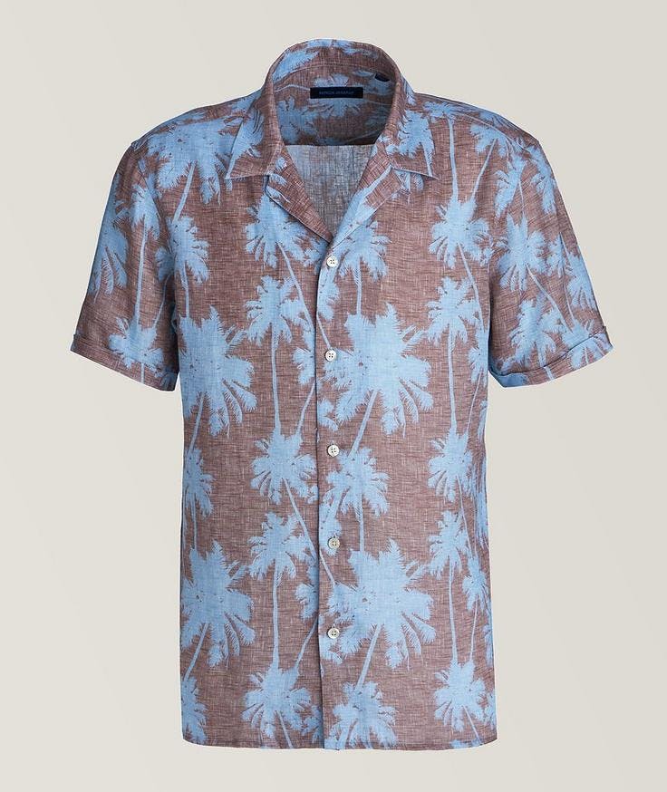 Patrick Assaraf Chemise en lin à col cubain et à motif tropical