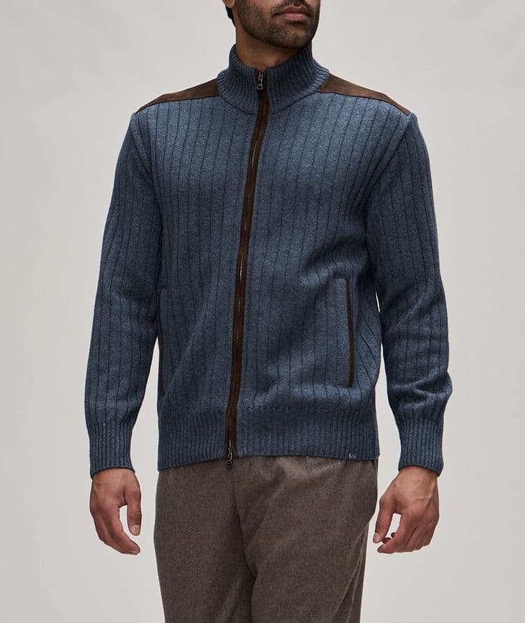 Ribbed Wool-Blend Suede-Trim Sweater image 1