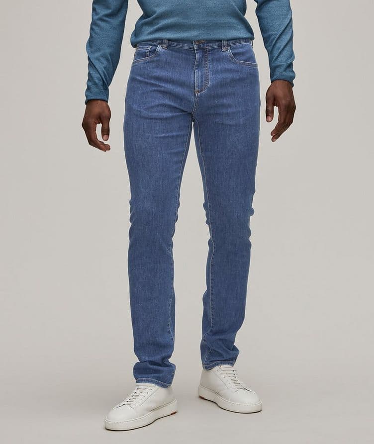 Stretch-Cotton Contrast Stitch Denim Jeans image 1