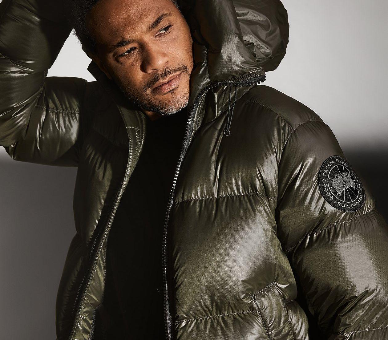 male model wearing Canada Goose puffer jacket