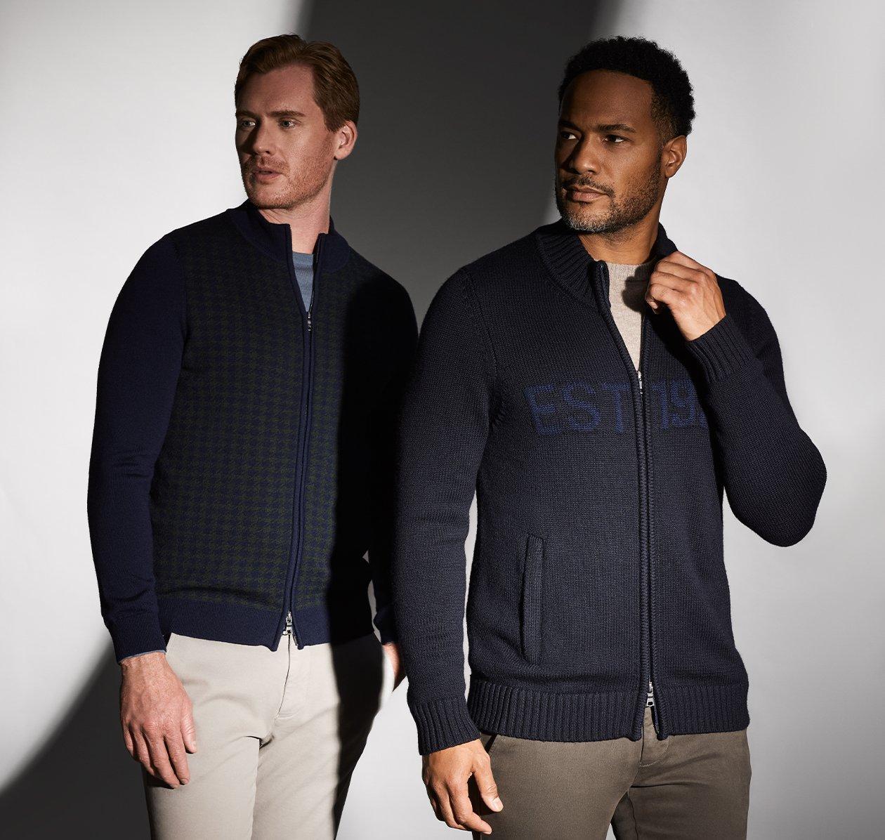 two male models wearing zip up sweater