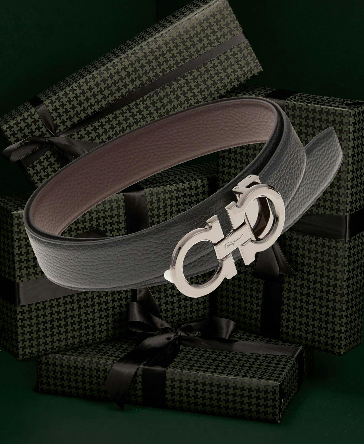Double Gancini Reversible Leather Belt by Ferragamo in dark green setting