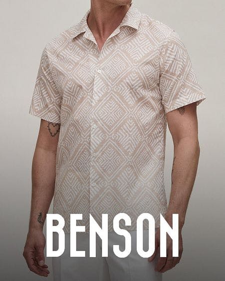 male model wearing geometric patterned benson sport shirt