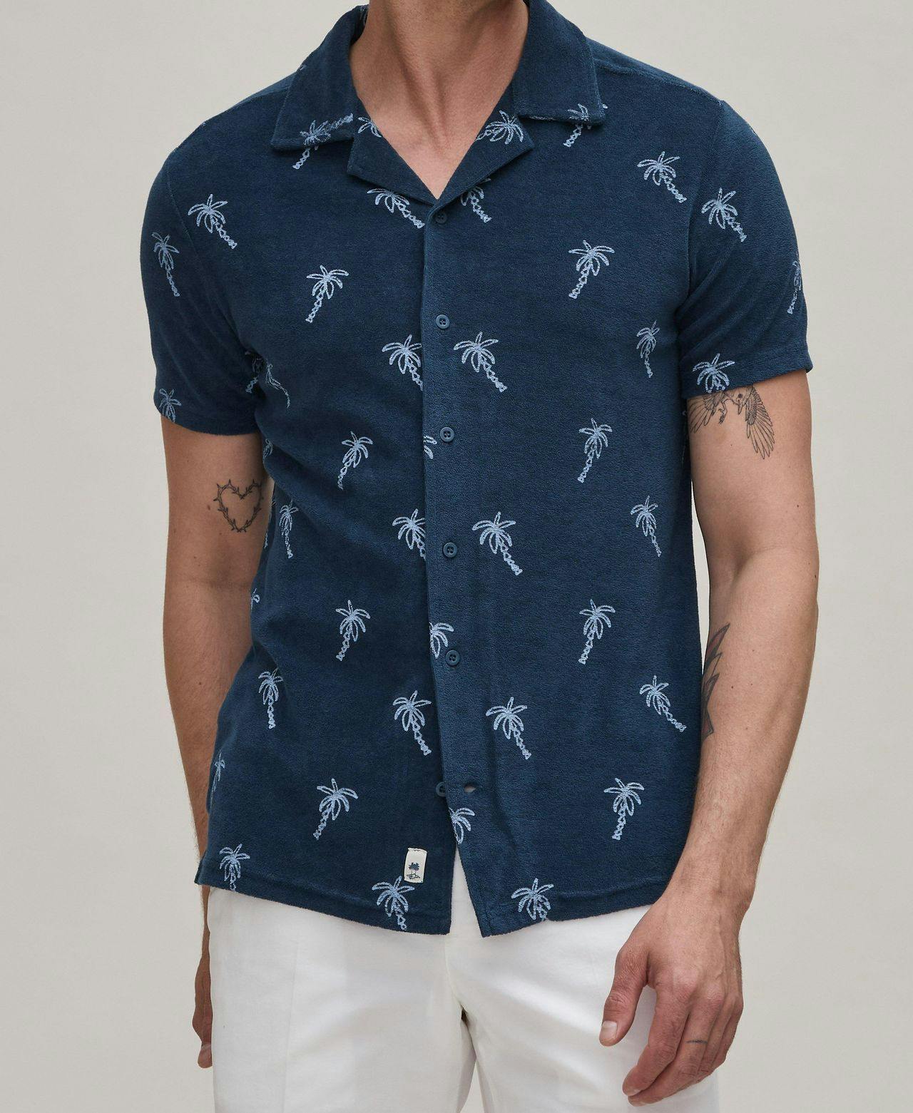 male model in palm tree printed sport shirt