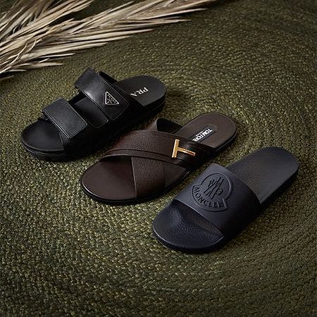 Three sandals of black Prada, brown TOM FORD, and navy Moncler