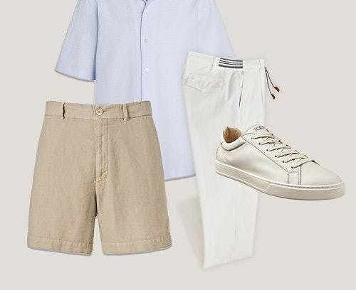 Zegna chemise, Tod's chausseurs sport, Brunello Cucinelli shorts, et Eleventy pantalons
