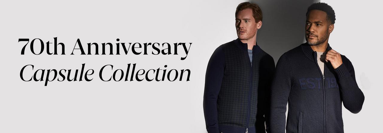 Harry Rosen 70th anniversary capsule collection message and two models