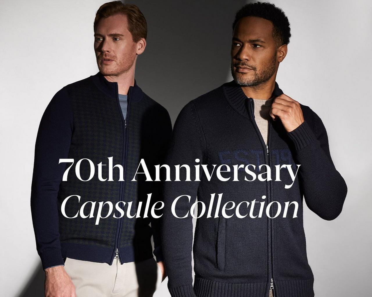 Harry Rosen 70th anniversary capsule collection message and two models