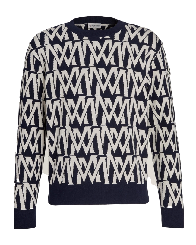 Moncler Jacquard Monogram Sweater: Black & White Cotton-Blend, Logo Print
