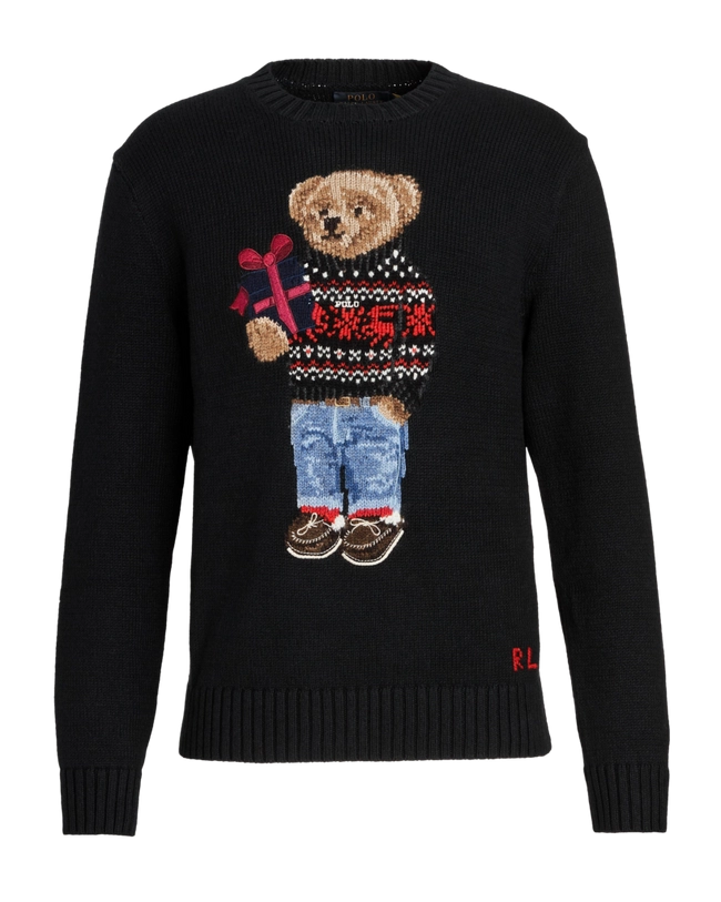 Polo Ralph Lauren Black Knit Crewneck Sweater: Cotton-Cashmere Blend, Signature Polo Bear