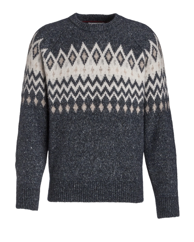 Brunello Cucinelli Cashmere Collection: Fair Isle Sweater in Grey, Beige, White with Classic Pattern