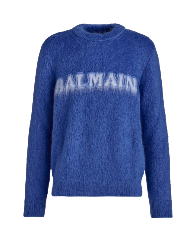 Balmain Mid-Blue Mohair Sweater: Retro Logo Print, Off-Body Comfort